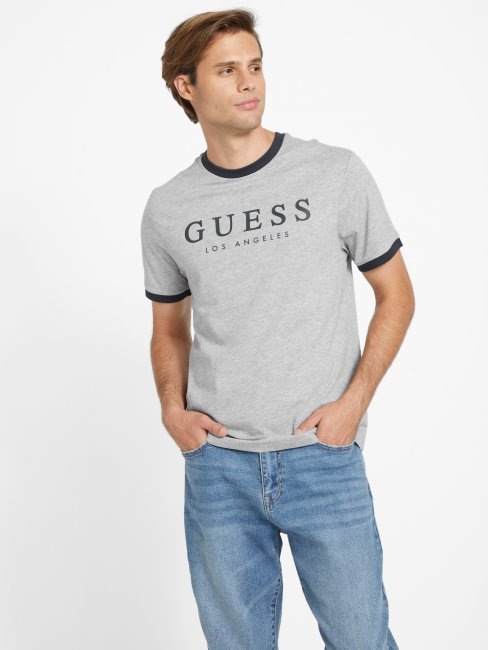 Tee Shirt Guess Kirk Logo à Col Rond Gris Clair Chiné