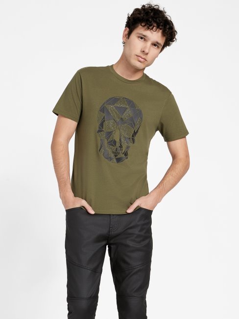 T-shirt à Col Ras Du Cou Géométrique Plume Du Matin Olive Deviner