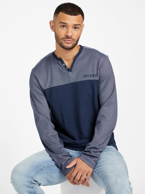 T-shirt Harman Manches Longues Col V Soie Bleu Guess