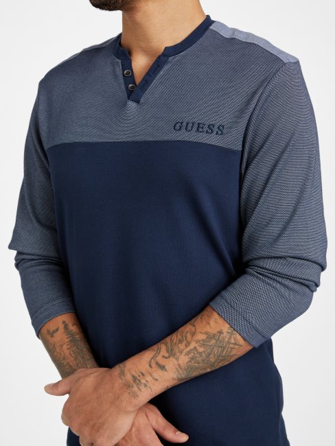 T-shirt Harman Manches Longues Col V Soie Bleu Guess