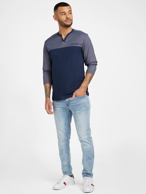 T-shirt Harman Manches Longues Col V Soie Bleu Guess