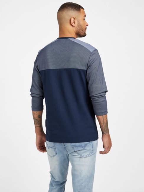 T-shirt Harman Manches Longues Col V Soie Bleu Guess