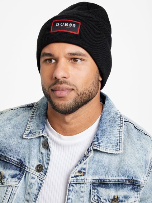 Bonnet Noir à Patch Logo En Maille Côtelée Guess