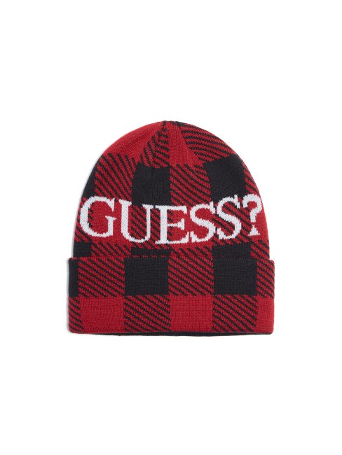Bonnet Logo à Carreaux Rouge Guess