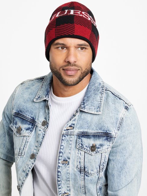 Bonnet Logo à Carreaux Rouge Guess