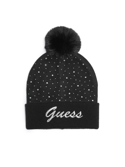 Guess Bonnet Noir à Pompon Avec Logo En Strass