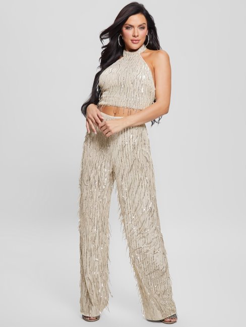 Guess Heidi Sequin Fringe Pants Off White Multi
