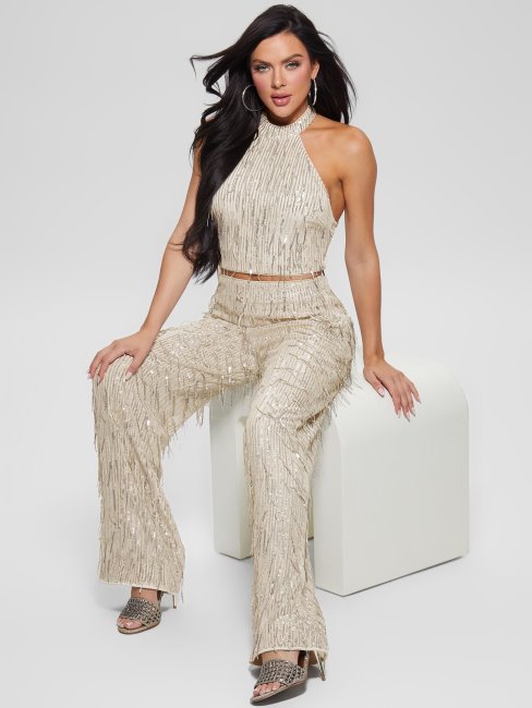 Guess Heidi Sequin Fringe Pants Off White Multi