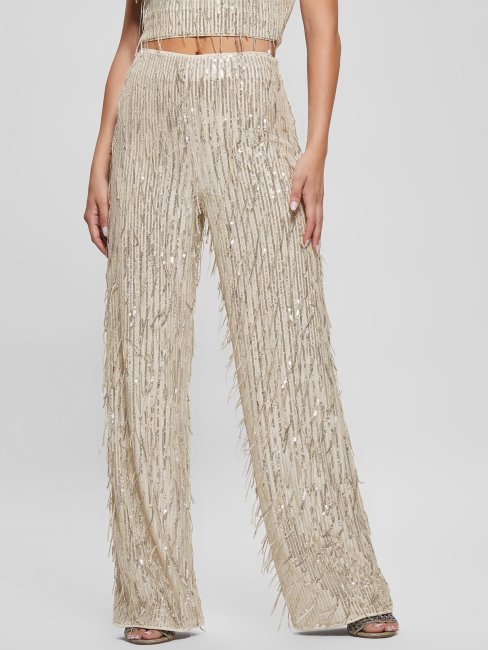 Guess Heidi Sequin Fringe Pants Off White Multi