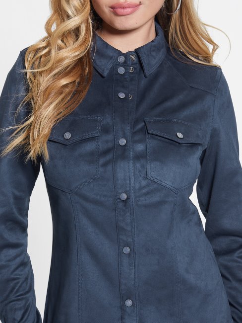 Chemise Western En Faux Suède Bleu Noirci à Marguerites Guess