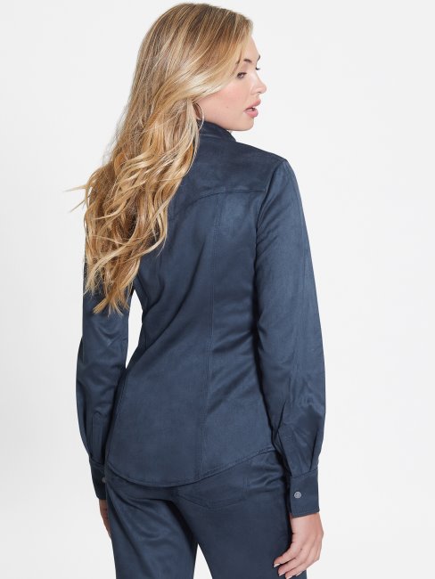 Chemise Western En Faux Suède Bleu Noirci à Marguerites Guess