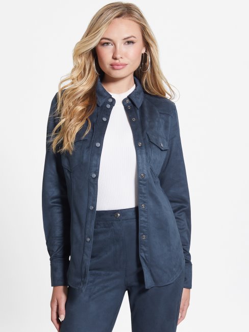 Chemise Western En Faux Suède Bleu Noirci à Marguerites Guess