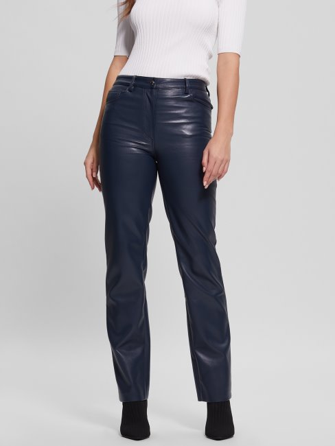 Pantalon Droit En Similicuir Bleu Foncé Guess Kelly