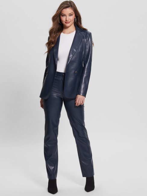 Pantalon Droit En Similicuir Bleu Foncé Guess Kelly