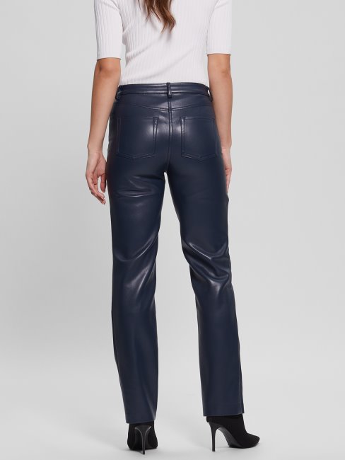 Pantalon Droit En Similicuir Bleu Foncé Guess Kelly