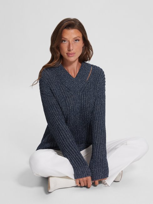 Pull Découpe Lise Lurex Bleu Noirci Mult Guess