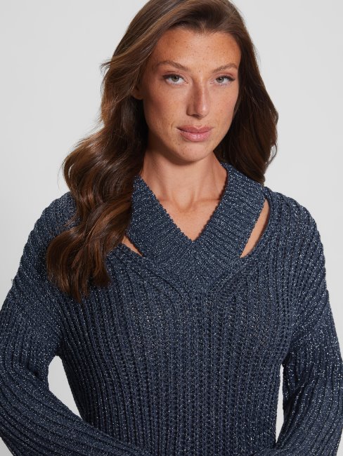 Pull Découpe Lise Lurex Bleu Noirci Mult Guess