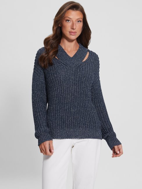 Pull Découpe Lise Lurex Bleu Noirci Mult Guess
