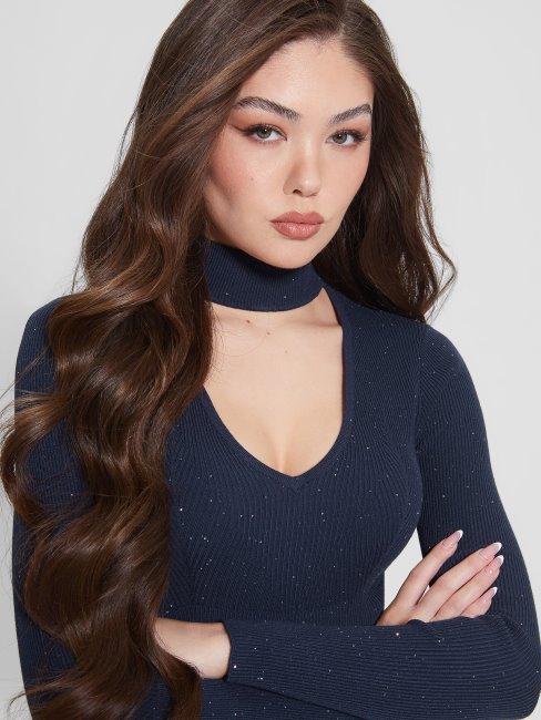 Pull Bleu Noirci Multi Lea à Sequins Découpés Guess