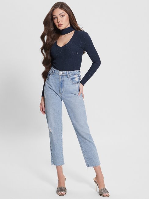 Pull Bleu Noirci Multi Lea à Sequins Découpés Guess