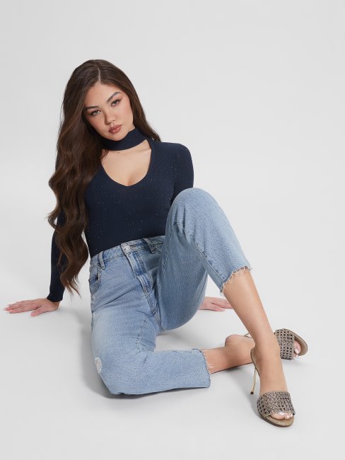 Pull Bleu Noirci Multi Lea à Sequins Découpés Guess