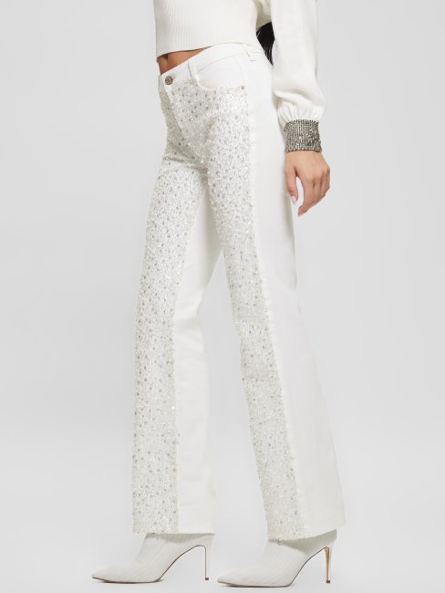 Pantalon Droit Sexy à Sequins Multiples Blanc Pur