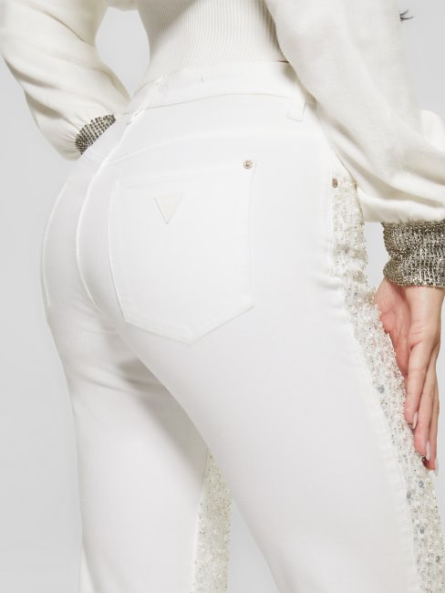 Pantalon Droit Sexy à Sequins Multiples Blanc Pur