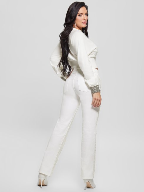 Pantalon Droit Sexy à Sequins Multiples Blanc Pur
