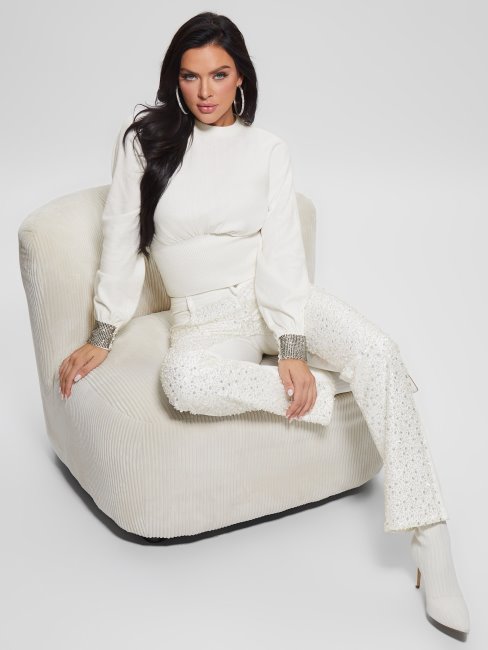 Pantalon Droit Sexy à Sequins Multiples Blanc Pur