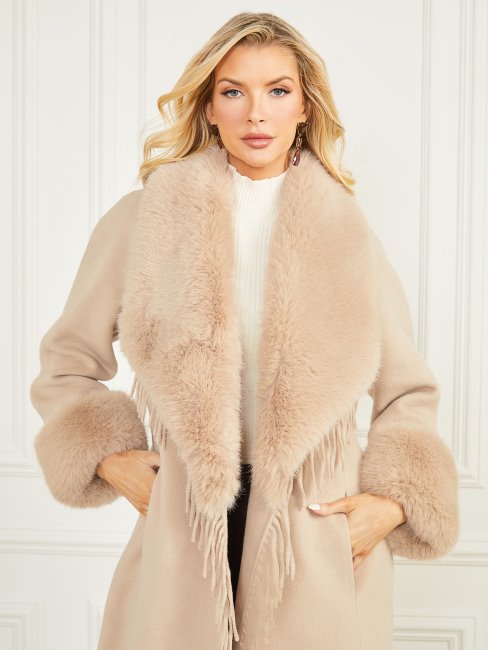 Guess Manteau Micky Faon Taupe à Franges Et Bordure En Fausse Fourrure