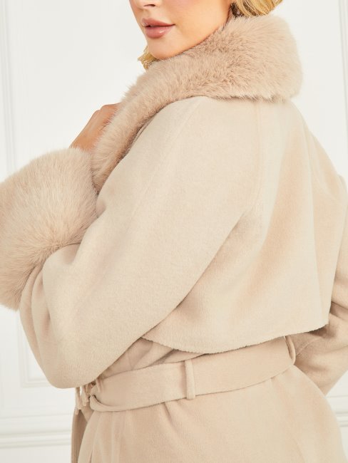 Guess Manteau Micky Faon Taupe à Franges Et Bordure En Fausse Fourrure