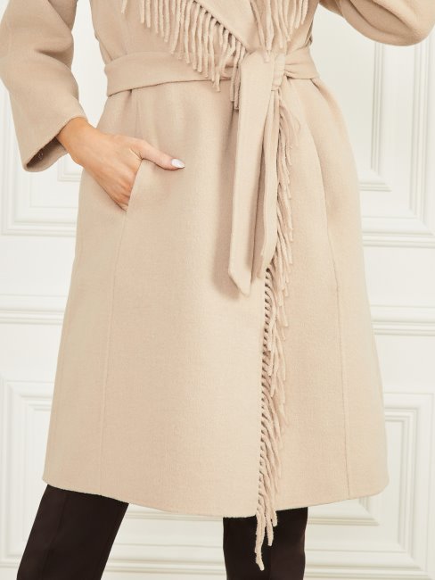 Guess Manteau Micky Faon Taupe à Franges Et Bordure En Fausse Fourrure