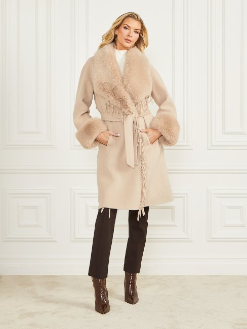 Guess Manteau Micky Faon Taupe à Franges Et Bordure En Fausse Fourrure