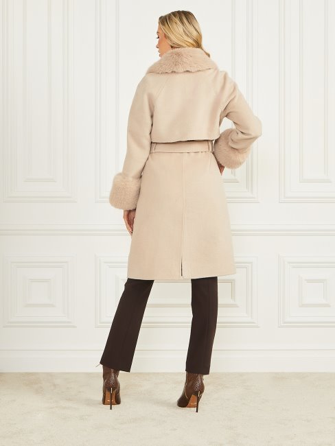 Guess Manteau Micky Faon Taupe à Franges Et Bordure En Fausse Fourrure