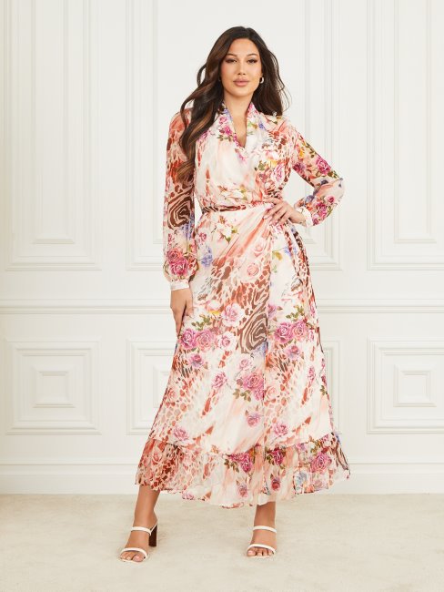 Robe Portefeuille En Soie Rose Imprimé Ombre Rose Guess