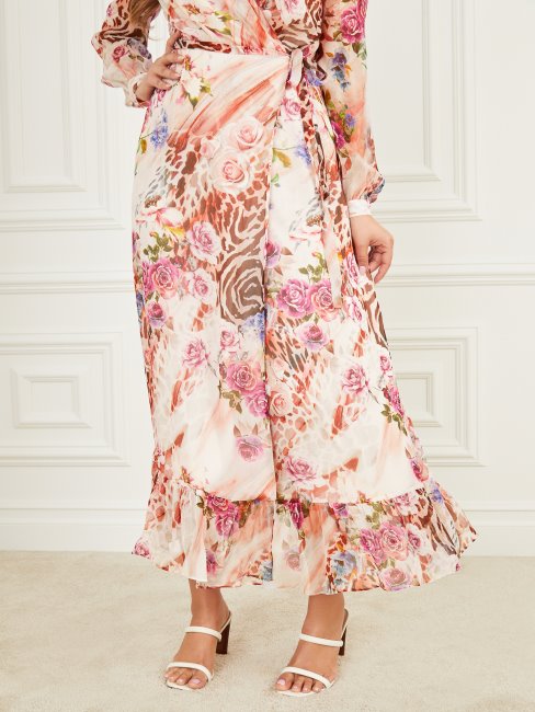 Robe Portefeuille En Soie Rose Imprimé Ombre Rose Guess