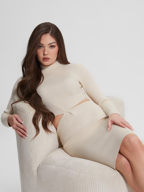 Guess Dove - Robe Mi-longue éco Jamia Côtelée Torsadée Blanche