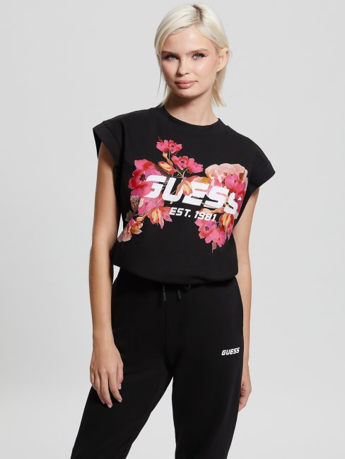 Tee Shirt Corine Court Logo Fleuri Guess Noir De Jais