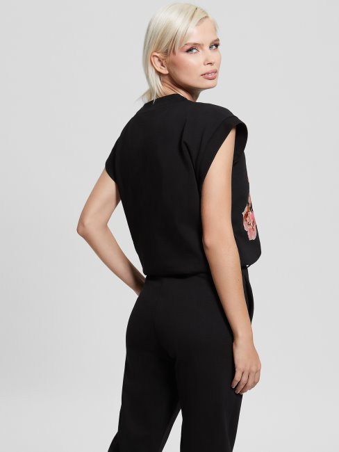 Tee Shirt Corine Court Logo Fleuri Guess Noir De Jais