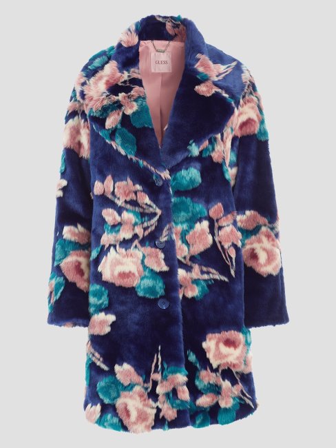 Guess Magda Manteau En Fausse Fourrure Fleur Fantaisie Bleu/rose