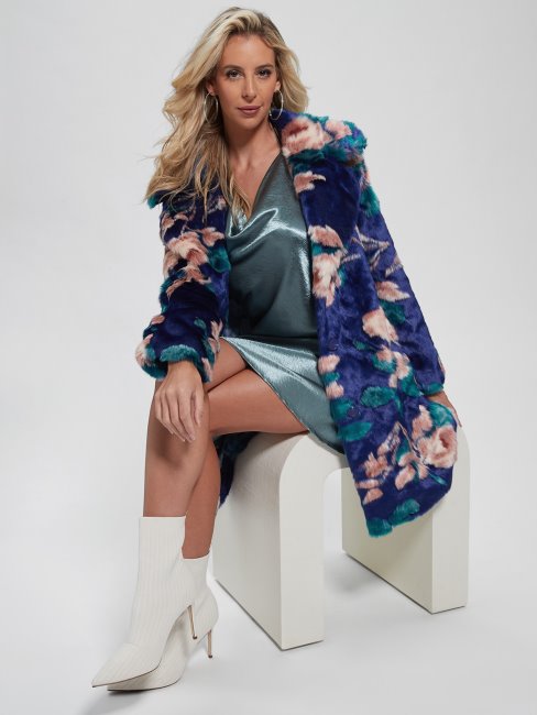 Guess Magda Manteau En Fausse Fourrure Fleur Fantaisie Bleu/rose