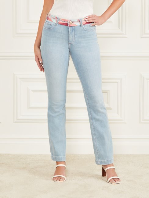 Pantalon Denim Skinny Taille Imprimée Bleu Clair Délavé Guess