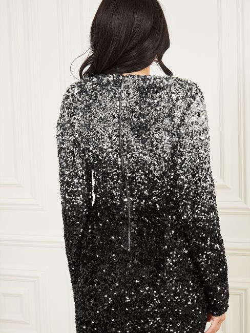 Noir De Jais Teinte Platine Scintillent Comme Des Diamants Robe à Sequins Guess