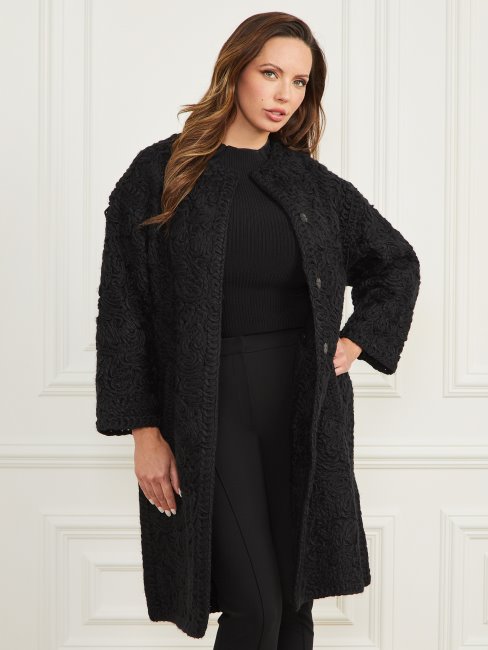 Manteau En Laine Mélangée Tresse Guess Noir De Jais
