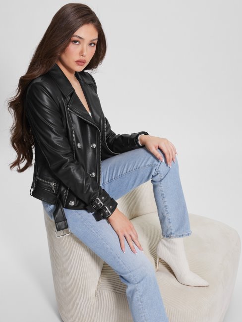 Guess Olivia Veste De Moto En Similicuir Jet Black Multi