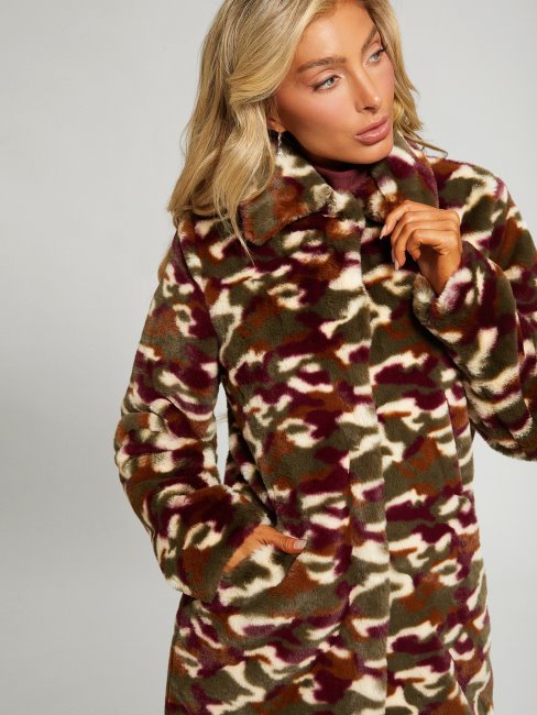 Manteau En Fausse Fourrure Amira Camouflage Bourgogne Guess