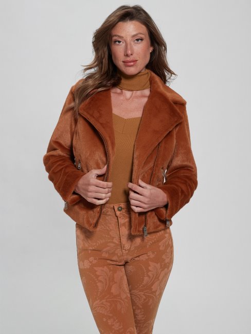 Guess Amber Miel Veste De Moto En Fausse Fourrure Lavinia