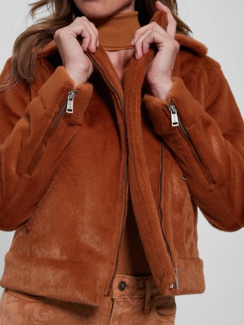 Guess Amber Miel Veste De Moto En Fausse Fourrure Lavinia