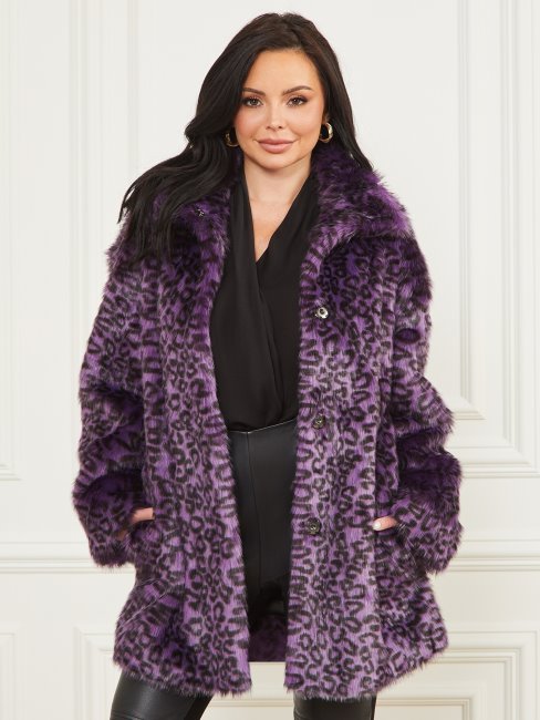 Guess Satellite Violet Et Noir Manteau En Fausse Fourrure Larissa