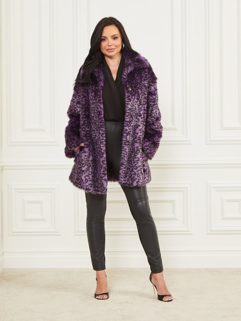 Guess Satellite Violet Et Noir Manteau En Fausse Fourrure Larissa